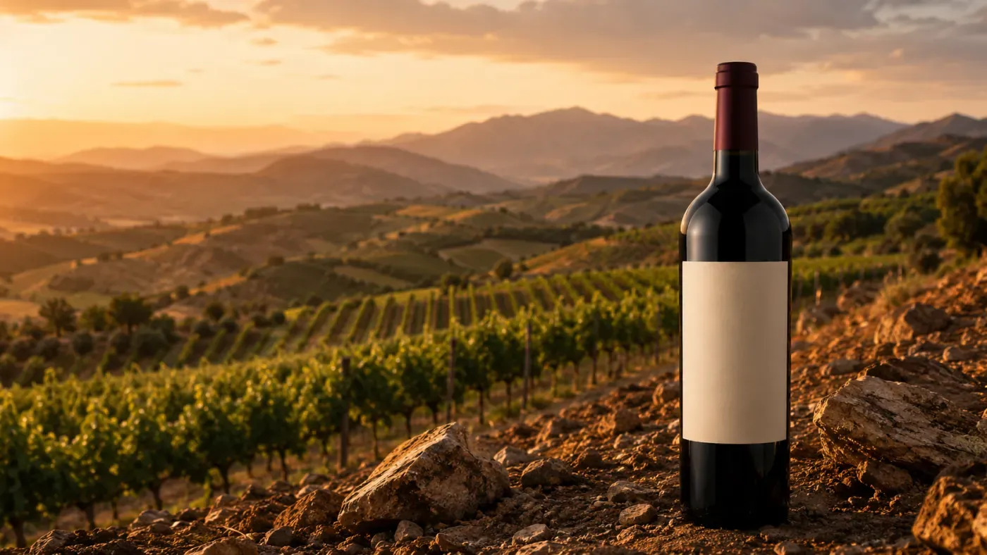 A wine bottle on a green terraced Spanish hillside vineyard at golden hour