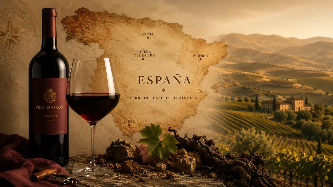 A glass of Spanish red wine beside a map of Spain marking Rioja, Ribera del Duero and Priorat