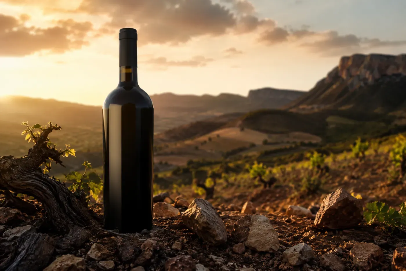 A red wine bottle beside a gnarled old Garnacha bush vine on stony high ground at sunset
