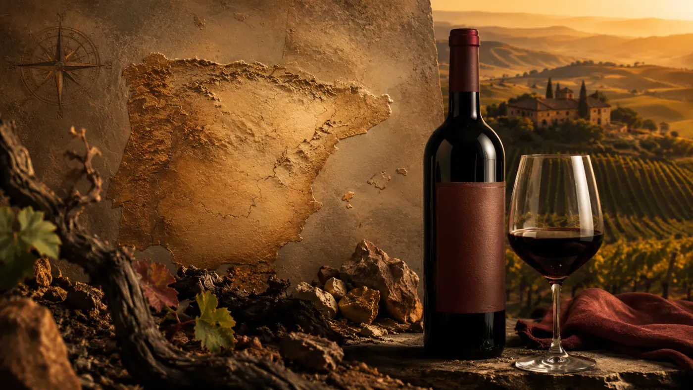 A glass of Spanish wine beside a carved stone relief map of Spain among old vines