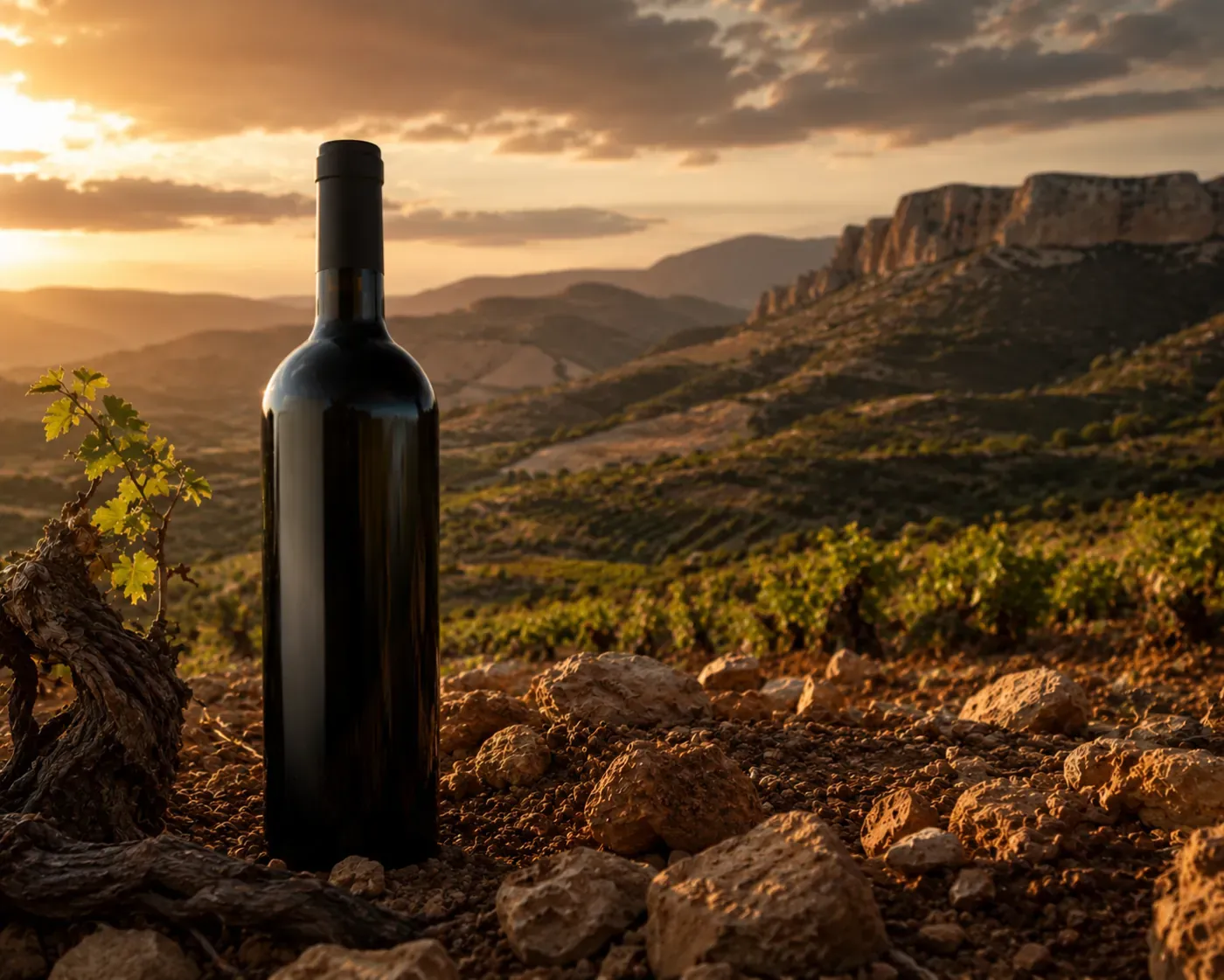 A wine bottle on the broken slate and quartz stones of a steep Priorat vineyard at sunset