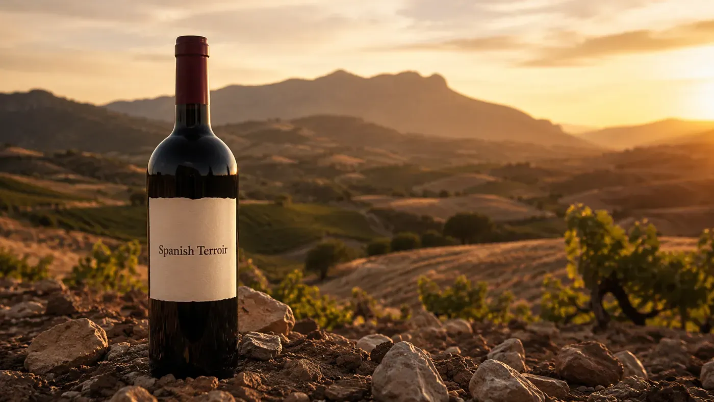 A bottle of Spanish Terroir red wine on a stony ridge above Spanish vineyards at sunset